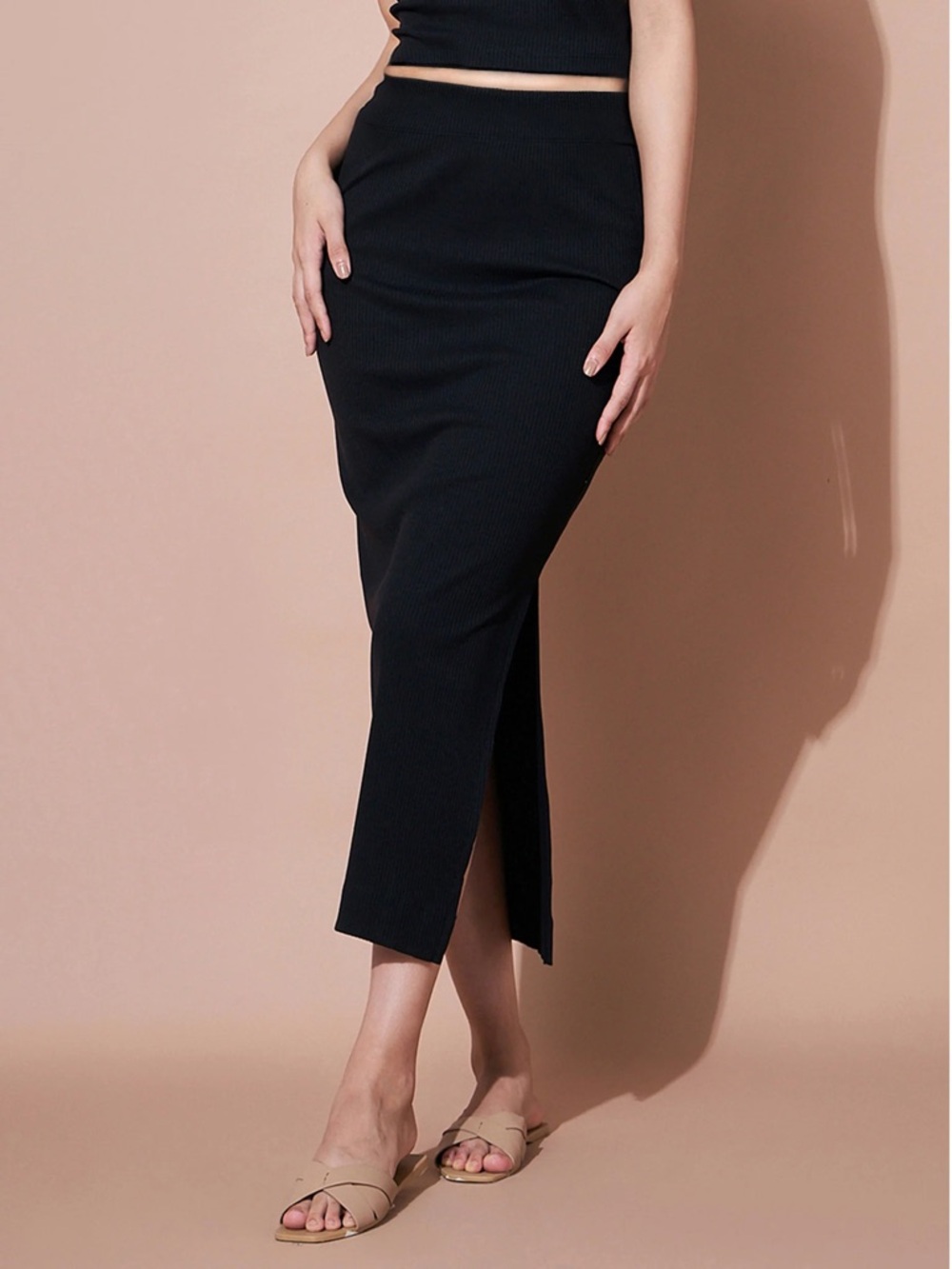 New Black Ribbed Midi Pencil Skirt with Side Slit